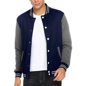 Men's Varsity Jacket Slim Fit Cotton Letterman Baseball Bomber Jacket Navy Grey